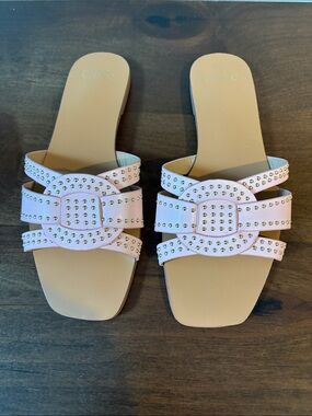 Studded Pink Slide Sandals with Buckle Detail